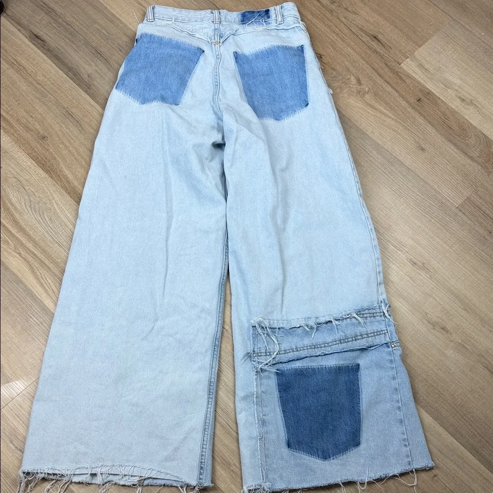 Pull & Bear Wide Leg Patchwork Jeans with‎ Frayed Hems. Size 2 - Picture 4 of 5